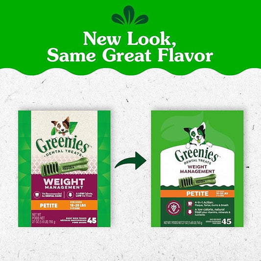 Greenies Veterinarian-Recommended Adult Natural Dental Dog Treats Petite Size, Weight Management Dog Dental Chews, 27 oz. Pack, 45 Count