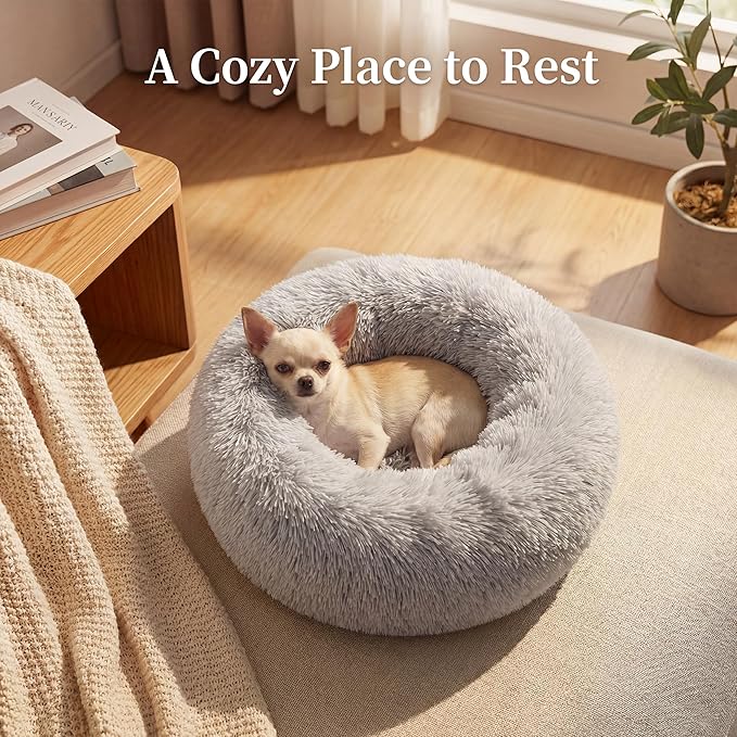 Tiny Dog Bed 15 Inch for Extra Small Dogs,Washable Puppy Bed,Soft Faux Fur Calming Donut Bed for Chihuahua Yorkie Maltese Pomeranian,Grey