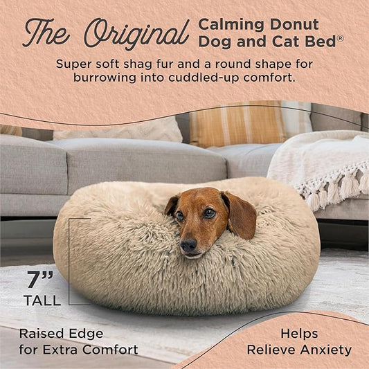 Best Friends by Sheri The Original Calming Donut Dog Bed for Small Dogs up to 25 lbs, Shag Faux Fur, Taupe, 23" x 23"