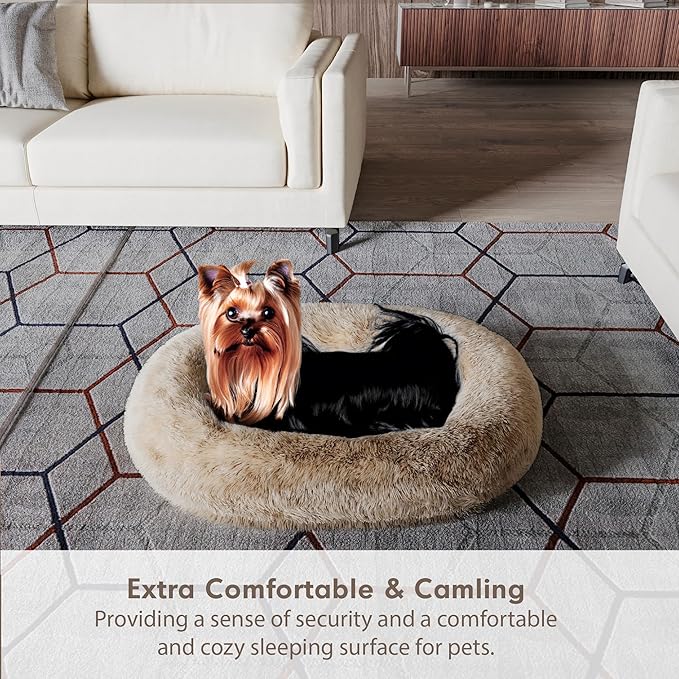 Cozzze Medium Sized Orthopedic Dog Beds, Donut Calming Pet Beds with Comfort Foam Support, Fluffy Non-Slip Couch for Dog and Cat, with Washable and Indestructible Cover, 32 Inches, Beige
