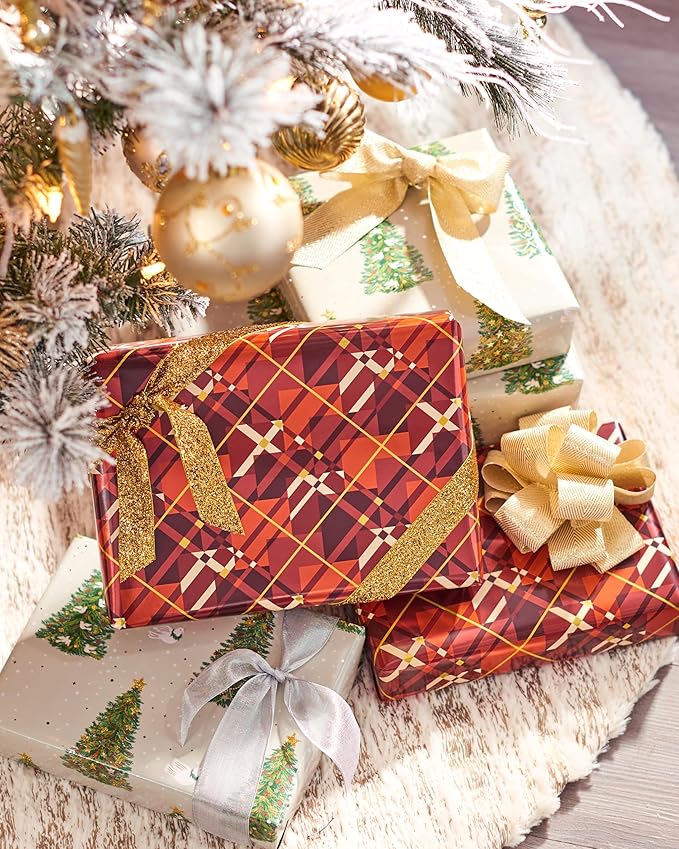 Papyrus Holiday Foil Wrapping Paper, Red Argyle, Pine Trees and Doves (2 Pack), 6392753