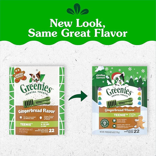 Greenies Veterinarian-Recommended, Limited-Edition Natural Dental Dog Treats Teenie Size, Gingerbread Flavor, 6 oz. Pack, 22 Count