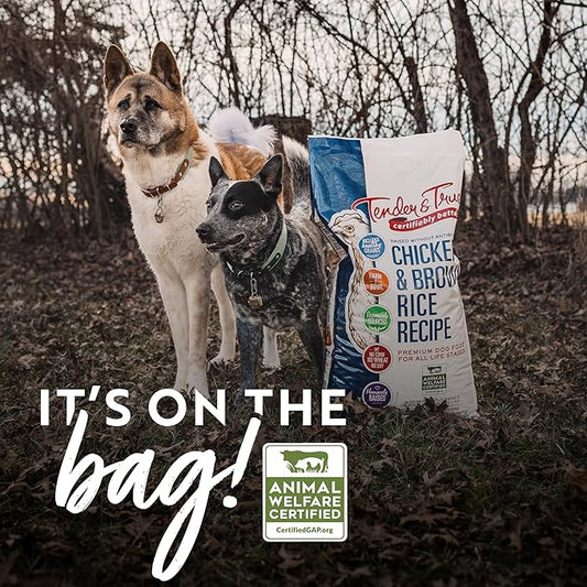 Two dogs standing outdoors with a bag of Tender & True dog food in the foreground.