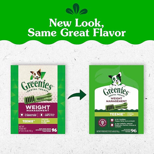 Greenies Veterinarian-Recommended Adult Natural Dental Dog Treats Teenie Size, Weight Management Dog Dental Chews, 27 oz. Pack, 96 Count