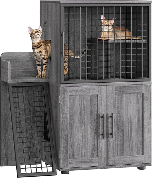 Cat Litter Box Enclosure Furniture with Double Layer Design, Hidden Litter Box & Lounge Villa for Indoor Cats - Includes Ladder, Platform, and Washroom Space for Living Room, Wax Wood