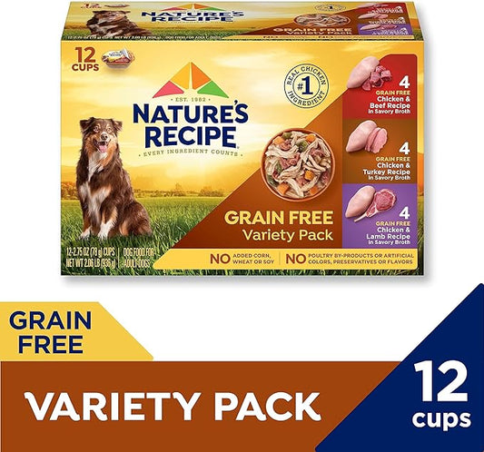 Nature's Recipe Grain Free Wet Dog Food Variety Pack, Chicken Recipes with Beef, Turkey & Lamb in Savory Broth, 2.75 oz. Cups (Pack of 48)