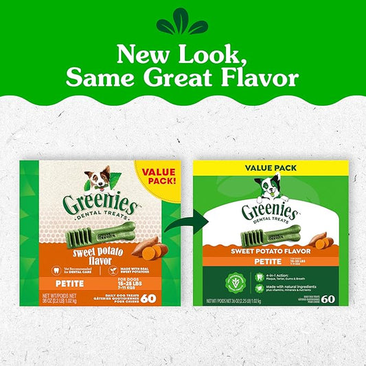Greenies Veterinarian-Recommended Adult Natural Dental Dog Treats Petite Size, Sweet Potato Flavor, 36 oz. Pack, 60 Count
