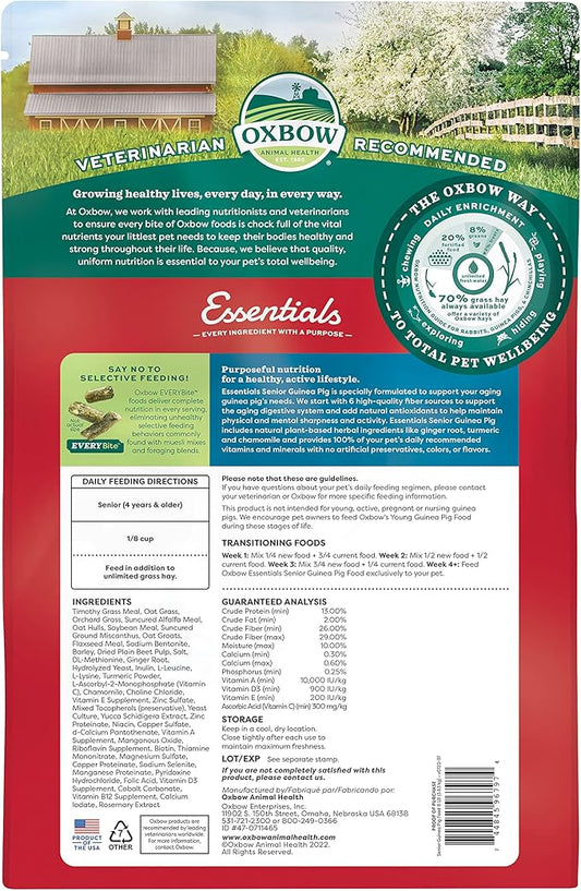 Oxbow Essentials Senior Guinea Pig Food, Made with Oxbow Alfalfa for Guinea Pig, Pet Food Pellets with Vitamin C, Small Animal Pet Products, Made in USA, High Fiber, 8 lb. Bag