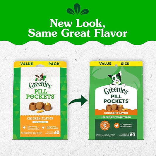 Greenies Pill Pockets for Dogs Large Size, Dog Treat Pouch for Capsule Medication, Chicken Flavor, 15.8 oz. Pouch