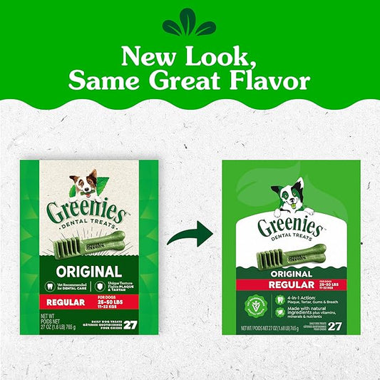 Greenies Veterinarian-Recommended Adult Natural Dental Dog Treats Regular Size, Dog Dental Chews, Original Flavor, 27 oz. Pack, 27 Count