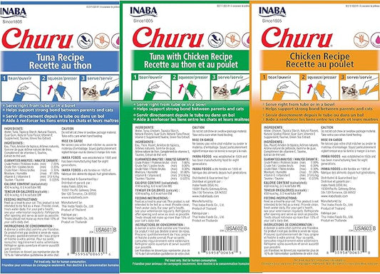 Churu Lickable Creamy Purée Cat Treats 3 Flavor Tuna and Chicken Variety Pack, 4 Count Pack of 18 (72 Tubes Total)