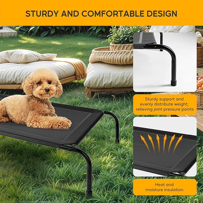 HealSmart Cooling Elevated Dog Bed Outdoor Raised Portable Dog Cot Beds No-Slip Feet Durable Portable Pet Hammock Bed, 42x25.5x8 Inch, Black