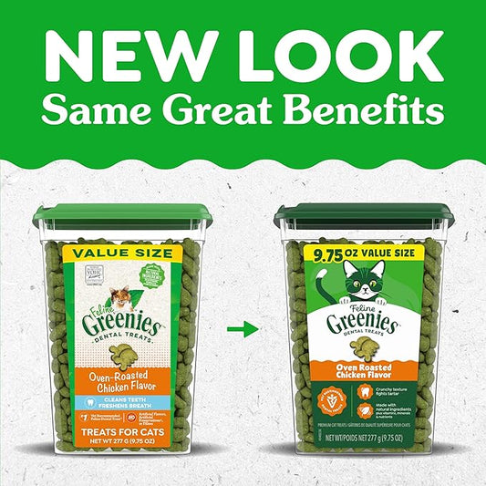 Greenies Cat Treats, Feline Veterinarian-Recommended Adult Natural Dental Cat Treats, Oven Roasted Chicken Flavor, 9.75 oz. Tub