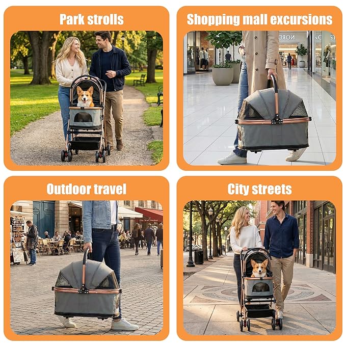 pet Stroller with Removable Carrier cat Dog Stroller with Aluminum Alloy Frame and 900D Oxford Fabric, Featuring one-Touch Folding,Includes rain Cover,for Travel, Walking,Shopping (Grey)