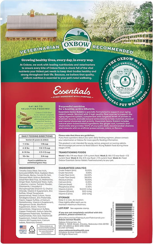 Oxbow Essentials Senior Rabbit Food, Alfalfa-Based Rabbit Pellets for Older Bunnies, High Fiber, Vitamin & Mineral Rich, Vet Formulated, Healthy Rabbit Diet for Adult Rabbits, Made in USA, 4 lb Bag