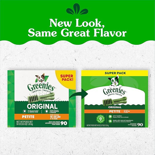 Greenies Veterinarian-Recommended Adult Natural Dental Dog Treats Petite Size, Dog Dental Chews, Original Flavor, 54 oz. Pack, 90 Count