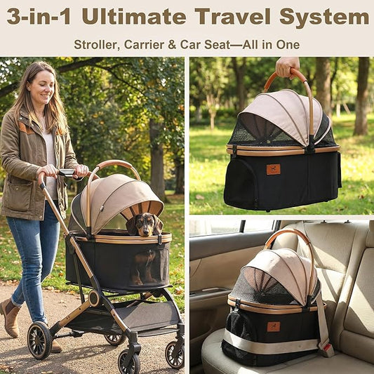 3-in-1 Pet Stroller with Detachable Carrier, Luxury Dog Stroller for Small Dogs & Cats, Lightweight Foldable Cat Stroller with 360° Rotating Wheels, Travel Friendly, Classic Brown