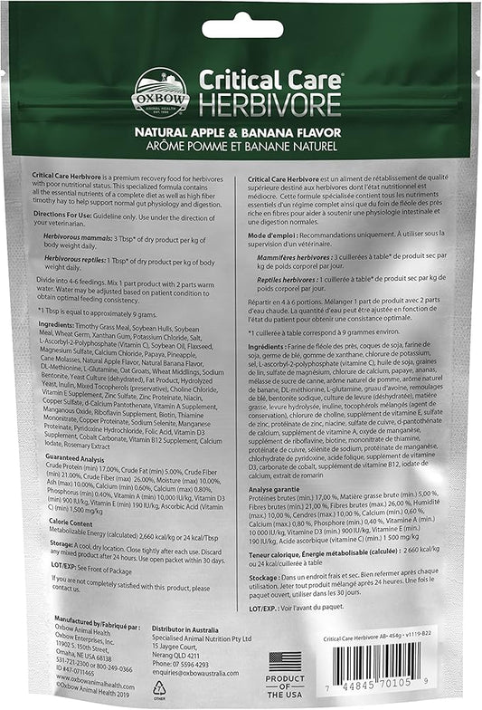 Oxbow Critical Care Herbivore, Emergency Rabbit & Guinea Pig Food, Natural Apple Banana Flavor, Critical Care Herbivore, Assist Feeding Formula for Pets, 454 gram bag