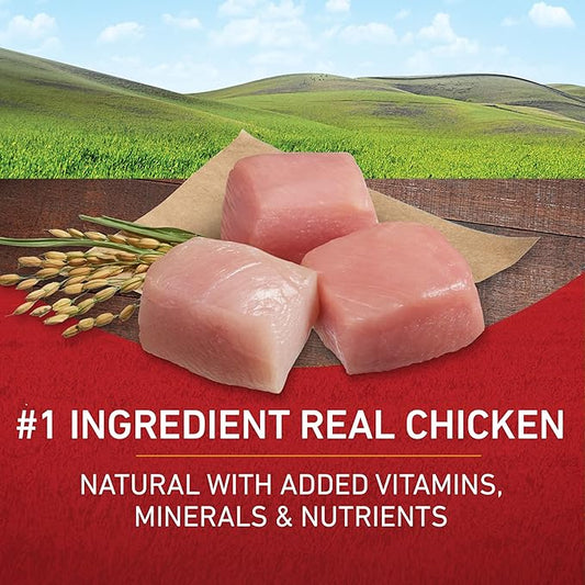Raw chicken pieces on a wooden surface with a scenic background, emphasizing 'Real Chicken' as the #1 ingredient.