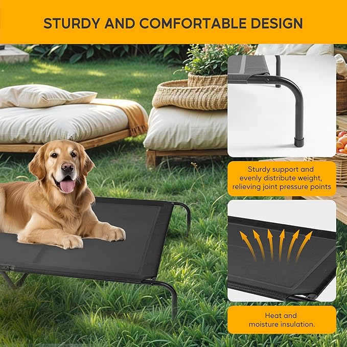 HealSmart Cooling Elevated Dog Bed Outdoor Raised Portable Dog Cot Beds No-Slip Feet Durable Portable Pet Hammock Bed, 60x37x9 Inch, Black