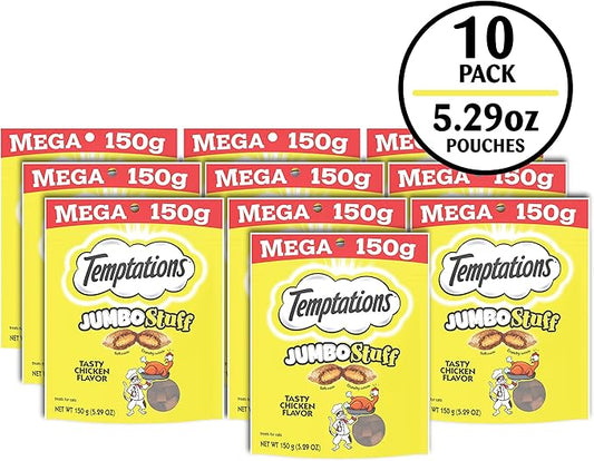 Temptations Jumbo Stuffed Cat Treats, Crunchy and Soft Cat Treats, Tasty Chicken Flavor, 5.3 oz. Pouch (Pack of 10)