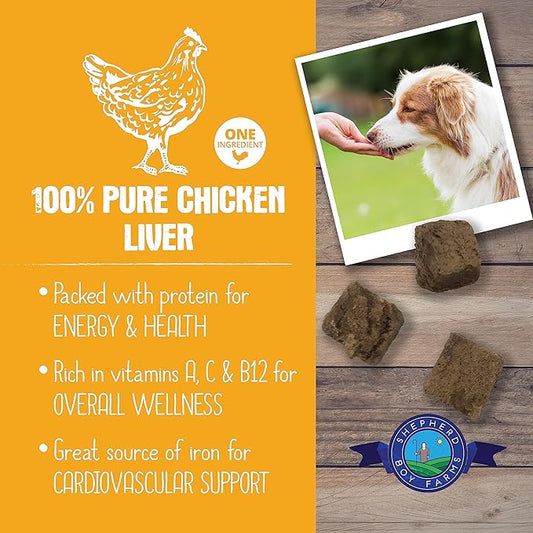 Shepherd Boy Farms Freeze Dried Dog and Cat Treats, Chicken Liver, All Natural Single Ingredient Freeze-Dried Dog Treat & Snacks, Made in USA, High Protein, Essential Nutrition Raw Food, 3oz