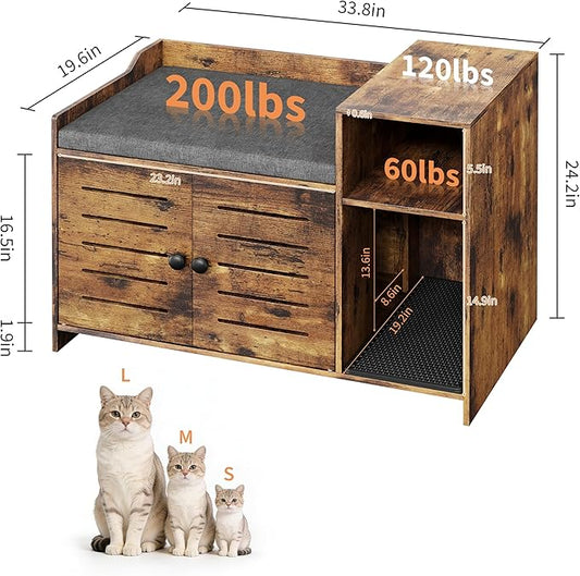 Cat Litter Box Enclosures, Large Hidden Cat Litter Box Furniture with Double Door, Wooden End Table Litter Box Cabinet with Storage Shelf, Cushion & Litter Mat, Dog Proof Design, Modern Cat House