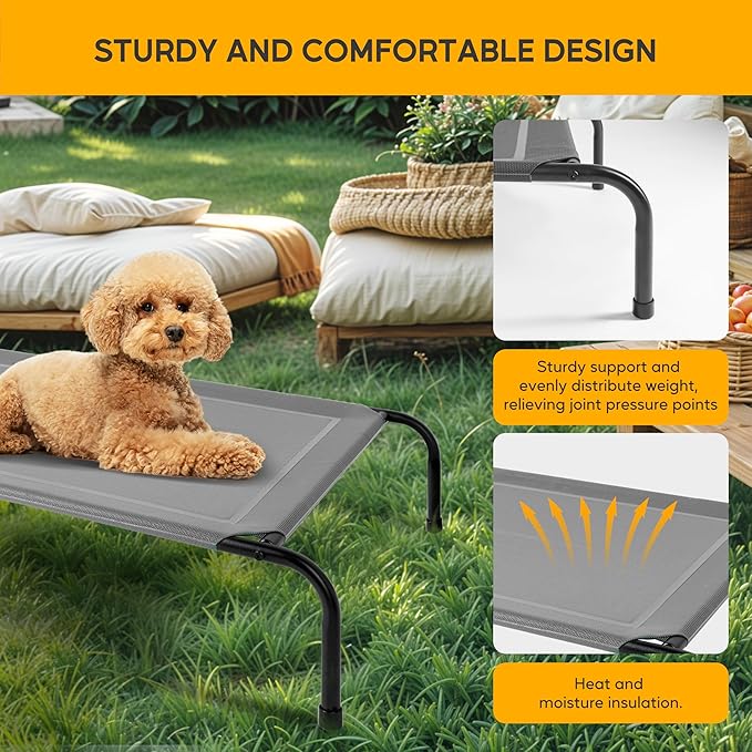 HealSmart Cooling Elevated Dog Bed Outdoor Raised Portable Dog Cot Beds No-Slip Feet Durable Portable Pet Hammock Bed, 42x25.2x8 Inch, Grey