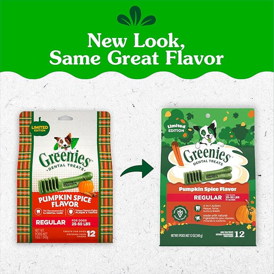 Greenies Veterinarian-Recommended, Limited-Edition Natural Dental Dog Treats Regular Size, Pumpkin Spice Flavor, 12 oz. Pack, 12 Count