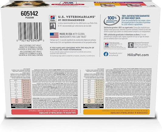 Hill's Science Diet Adult Sensitive Stomach & Skin Wet Dog Food Variety Pack, Chicken & Vegetable, Salmon & Vegetable, 12.8 oz. Cans, 12-Pack