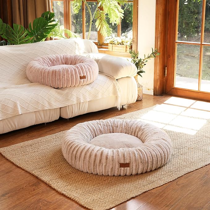 FUKUMARU Dog Bed, Gradient Color Donut Dog Beds for Medium Dogs, 30 inches Calming Orthopedic Dog Beds, Round Pet Bed with Washable Cover,Luxury Comfy Cat Bed for Indoor Cats, Camel