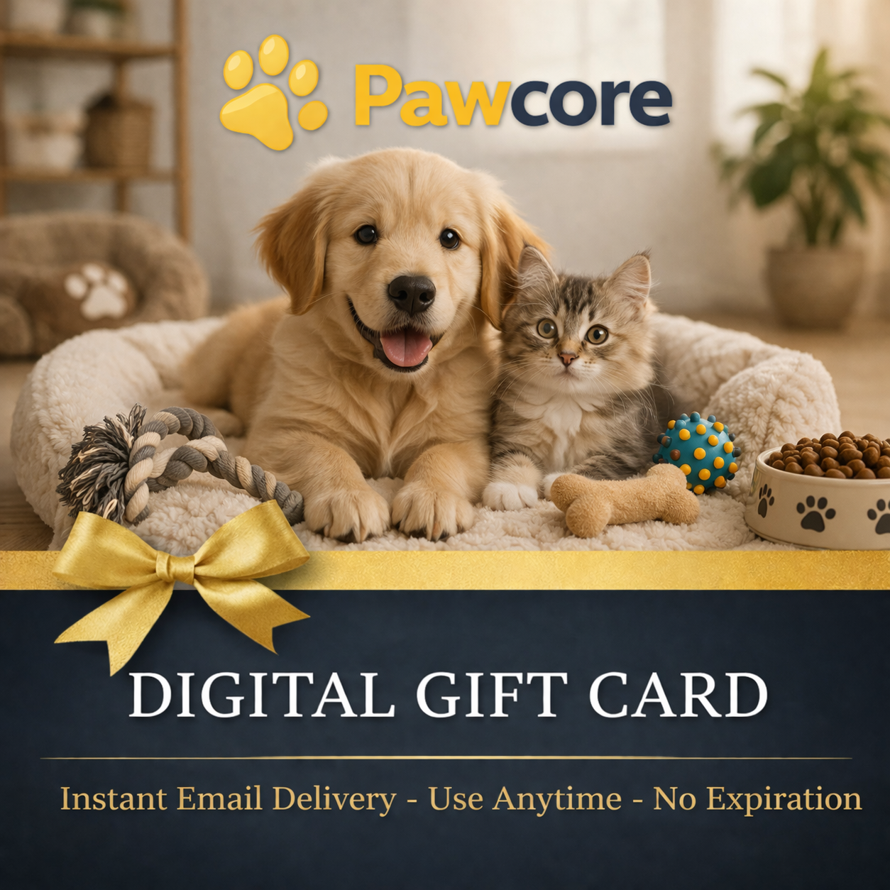 Digital gift card for Pawcore with a puppy and kitten on a bed.