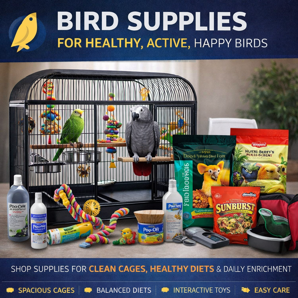 bird supplies including cage toys food perches and bird care accessories