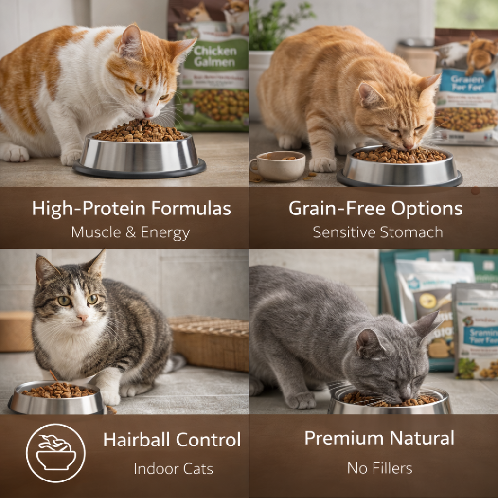 healthy cat eating premium high protein grain free cat food indoor cat nutrition