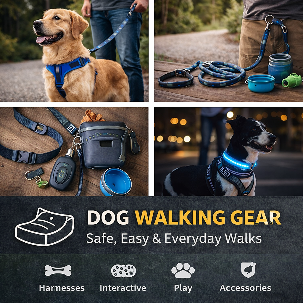 dog walking gear including harnesses leashes and accessories for safe and comfortable dog walks