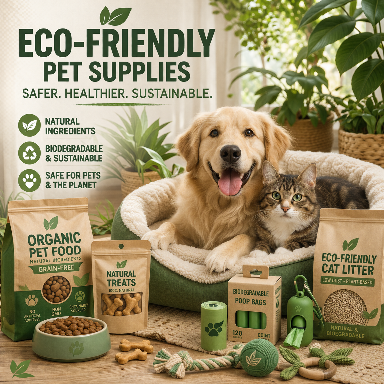 eco friendly pet supplies including organic food biodegradable bags and natural toys