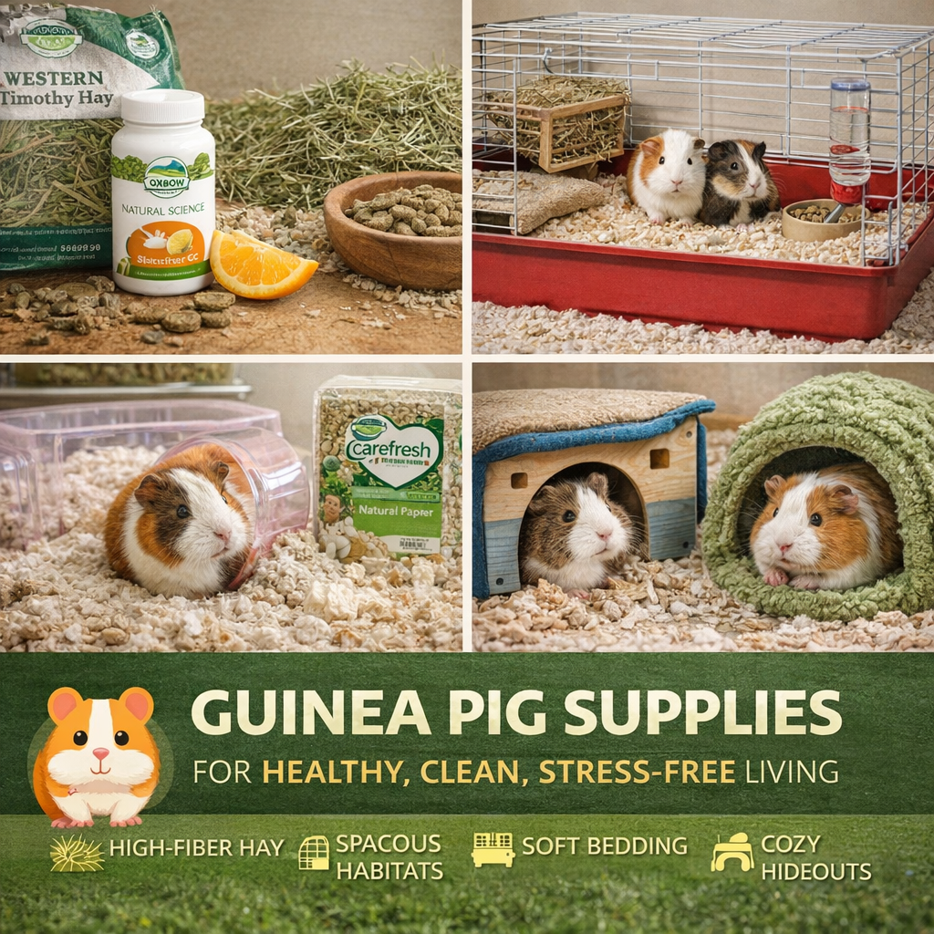 guinea pig supplies including hay cage bedding hideout and vitamin c supplements