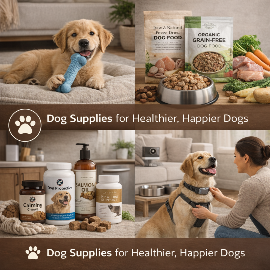 dog supplies collection with healthy food toys and pet care products