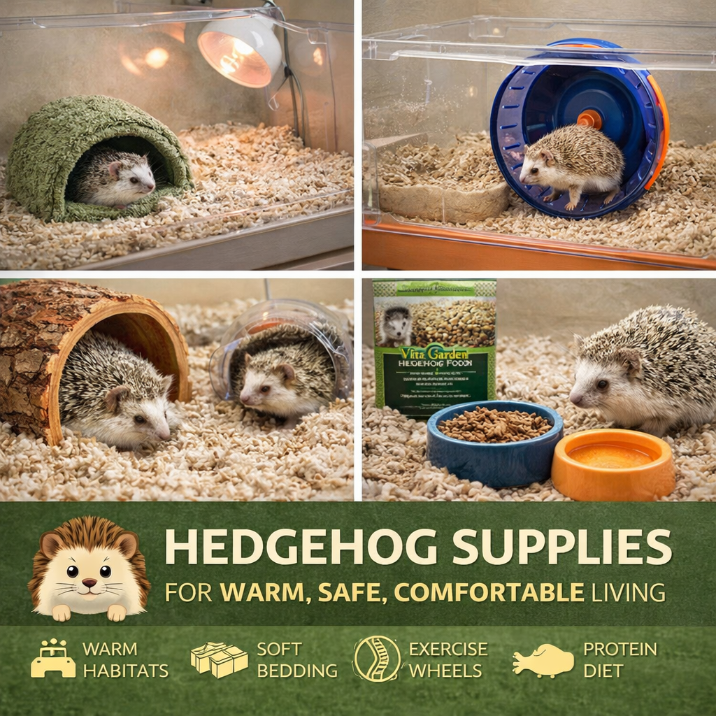 hedgehog supplies including cage wheel bedding heat lamp and food for small pets