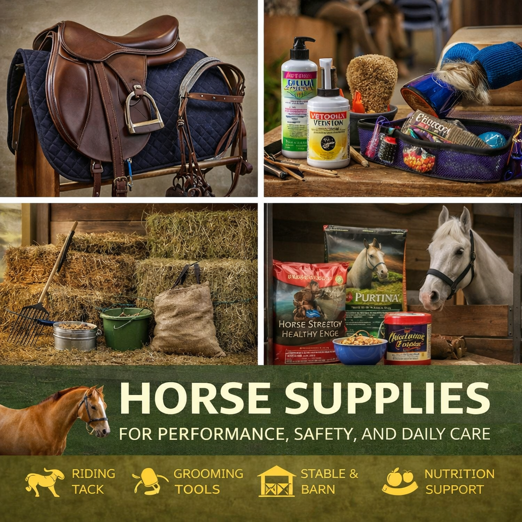 horse supplies including saddle tack grooming tools stable equipment and riding gear