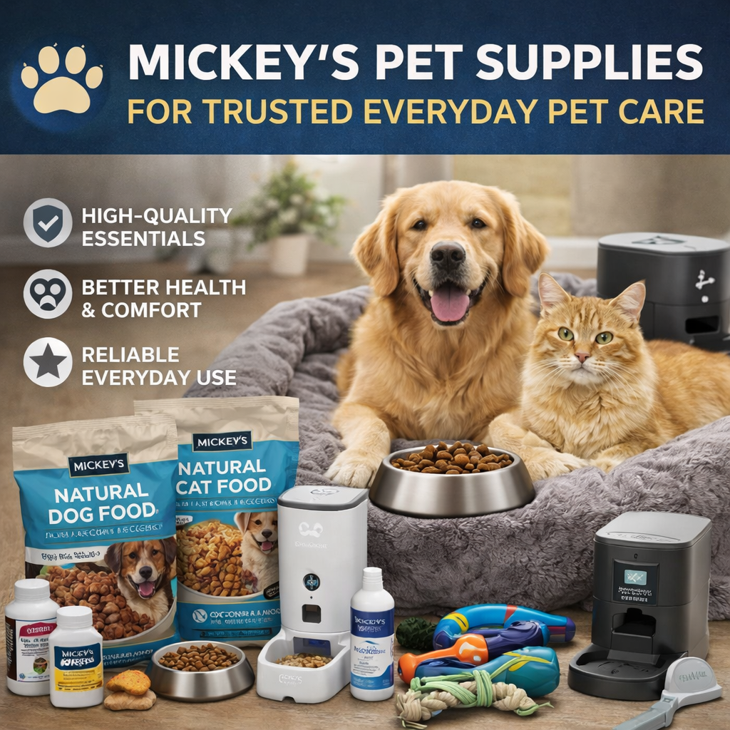 mickeys pet supplies collection including food grooming toys beds and pet care essentials