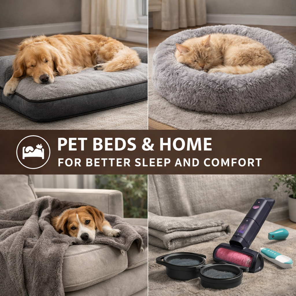 pet beds and home essentials including orthopedic bed calming bed blanket and cleaning tools