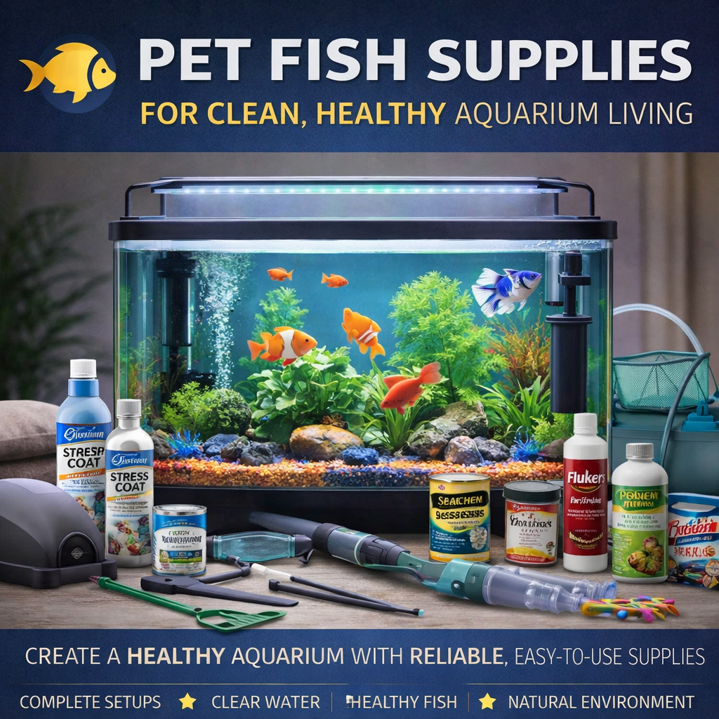 pet fish supplies including aquarium tank filter fish food and aquarium decorations