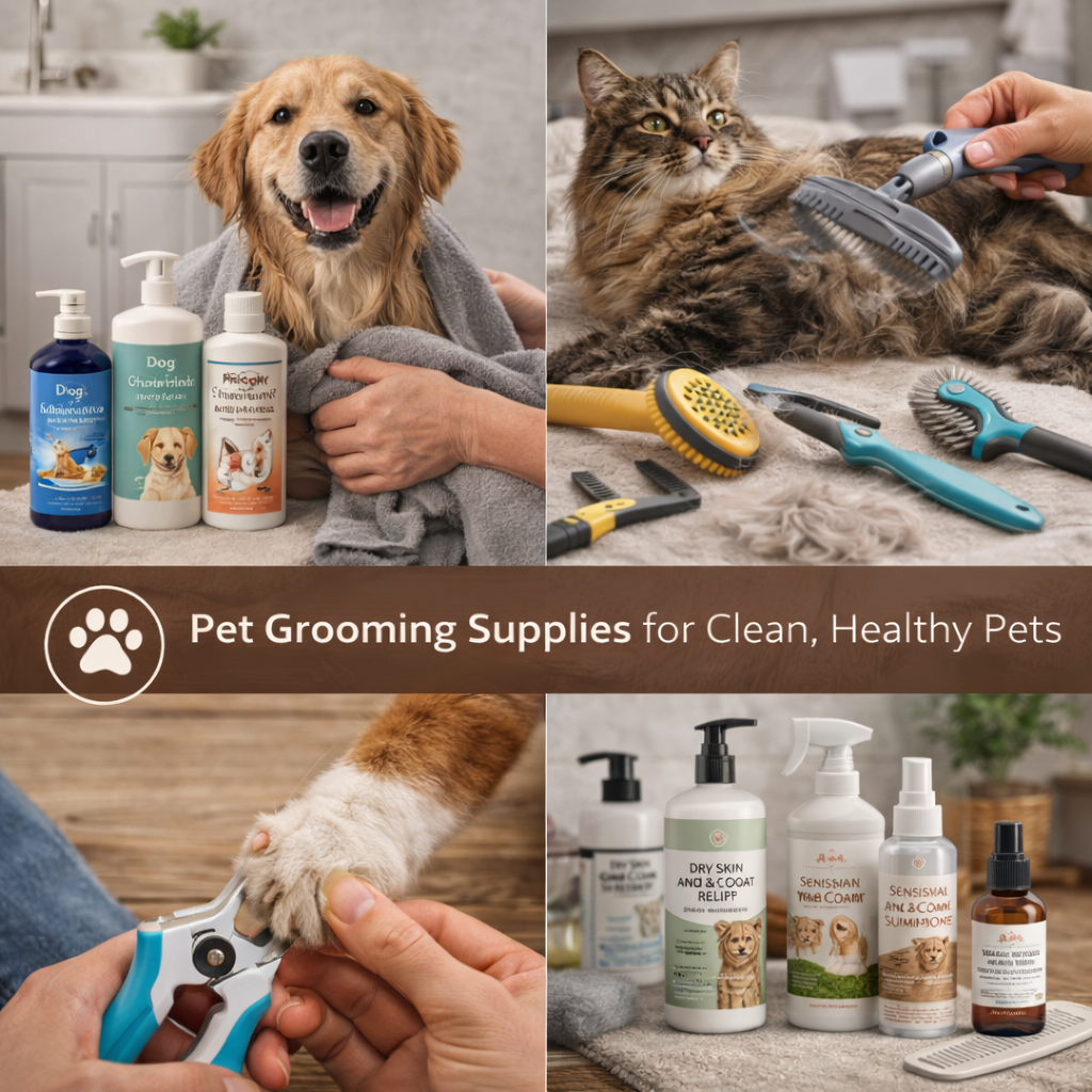 pet grooming supplies including shampoo brushes nail clippers and coat care tools