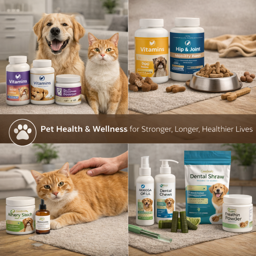 pet health and wellness products including vitamins probiotics joint support and supplements