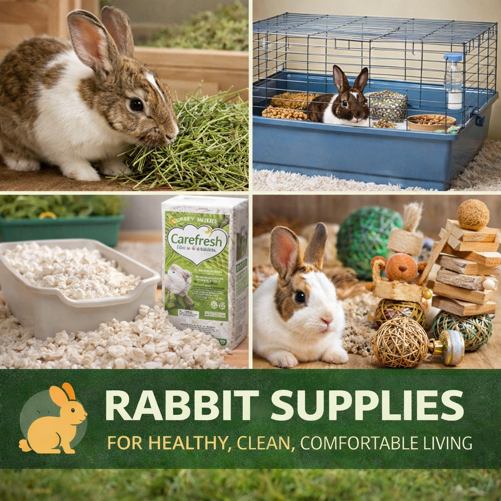 rabbit supplies including hay cage bedding litter box and chew toys for rabbits
