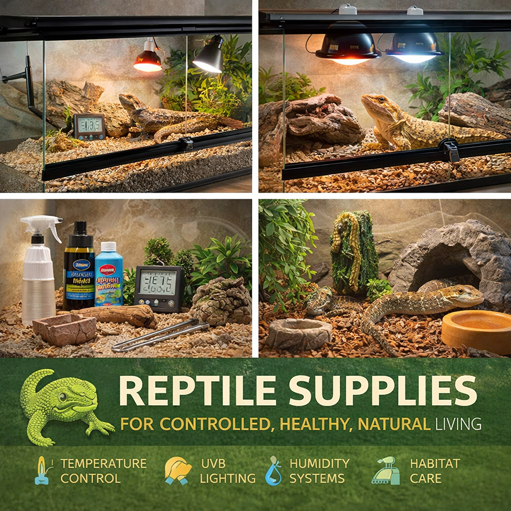 reptile supplies including terrarium heat lamp uvb lighting substrate and accessories