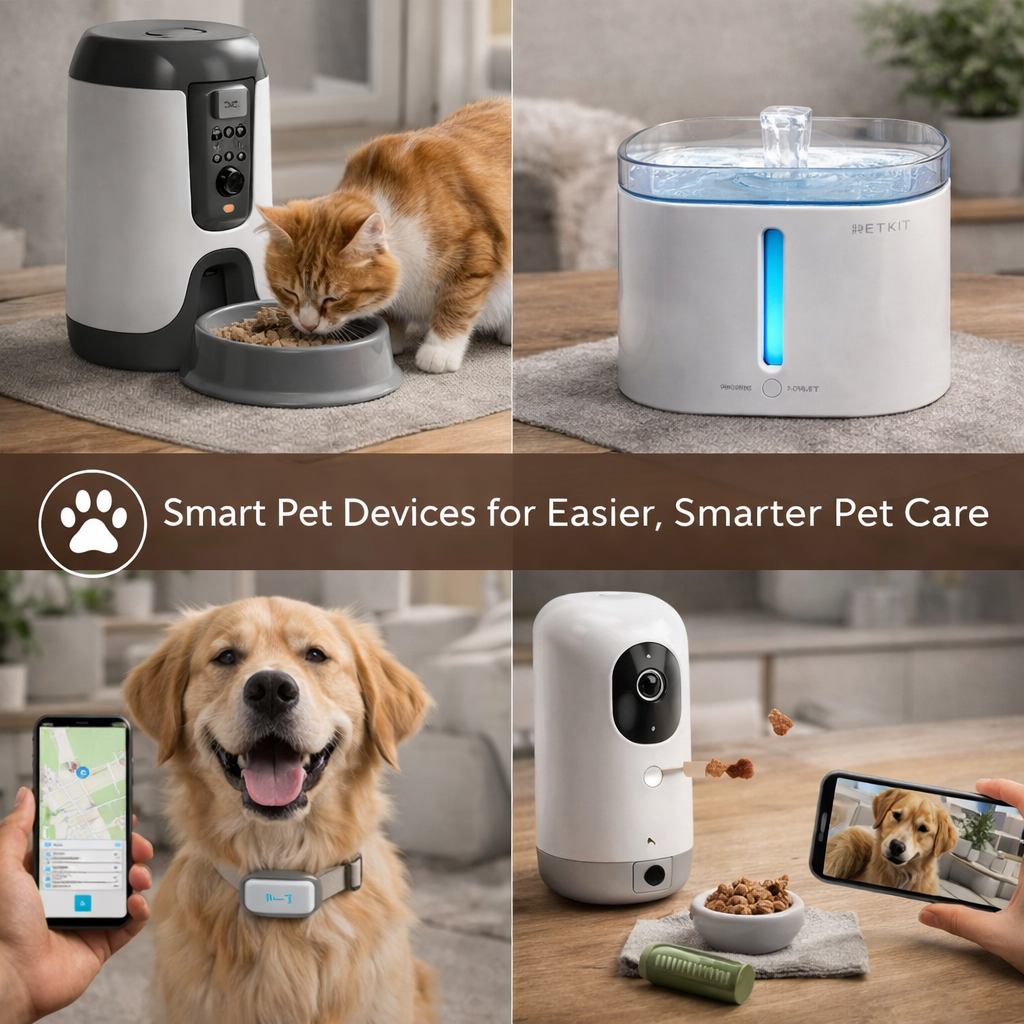 smart pet devices including automatic feeder gps tracker camera and water fountain