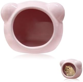 Ceramic Hamster House, Cute Animal Shaped Hamster Cave, Summer Cool Small Animal Hideout Habitat Decor for Dwarf Hamsters (Pink)