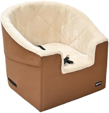 Amazon Basics Dog Car Seat Booster for Small Dogs up to 25lbs, Washable Removable Cover, Safety Leash, Elevated View for Window, 18" x 18" x 16", Tan
